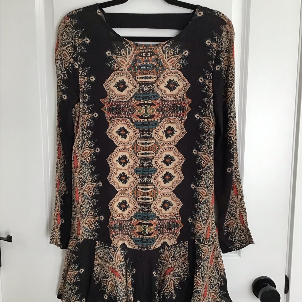 Free People Dress Small Mini Tunic Peasant Pockets Balloon Sleeves Paisley Black